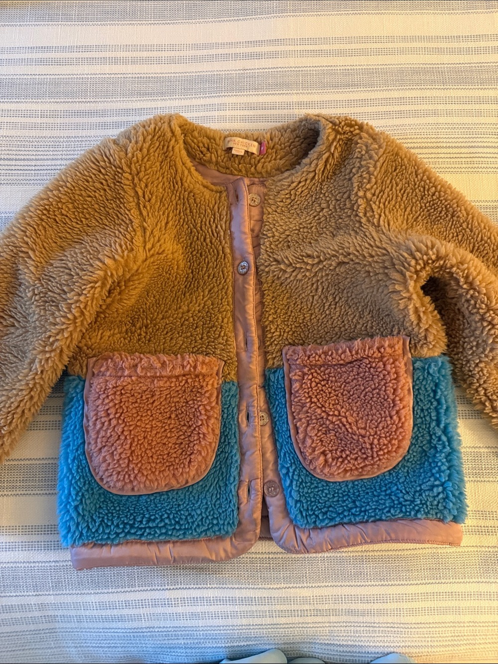 Pink Chicken Tan Sherpa Jacket with Blue & Pink Pockets